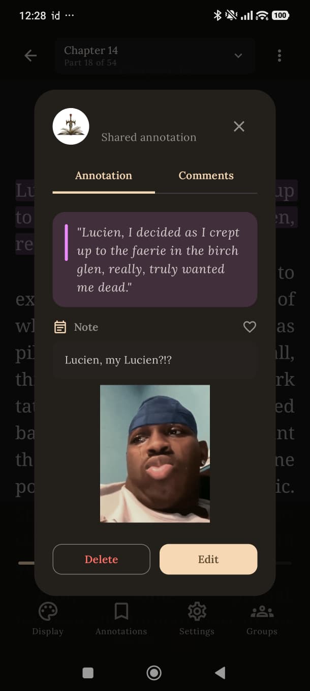 A shared annotation with the highlighted quote, a written note, and an attached image