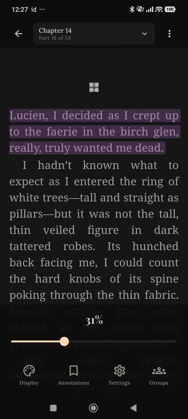 A page of A Court of Thorns and Roses with a purple highlight and chapter progress at 31%