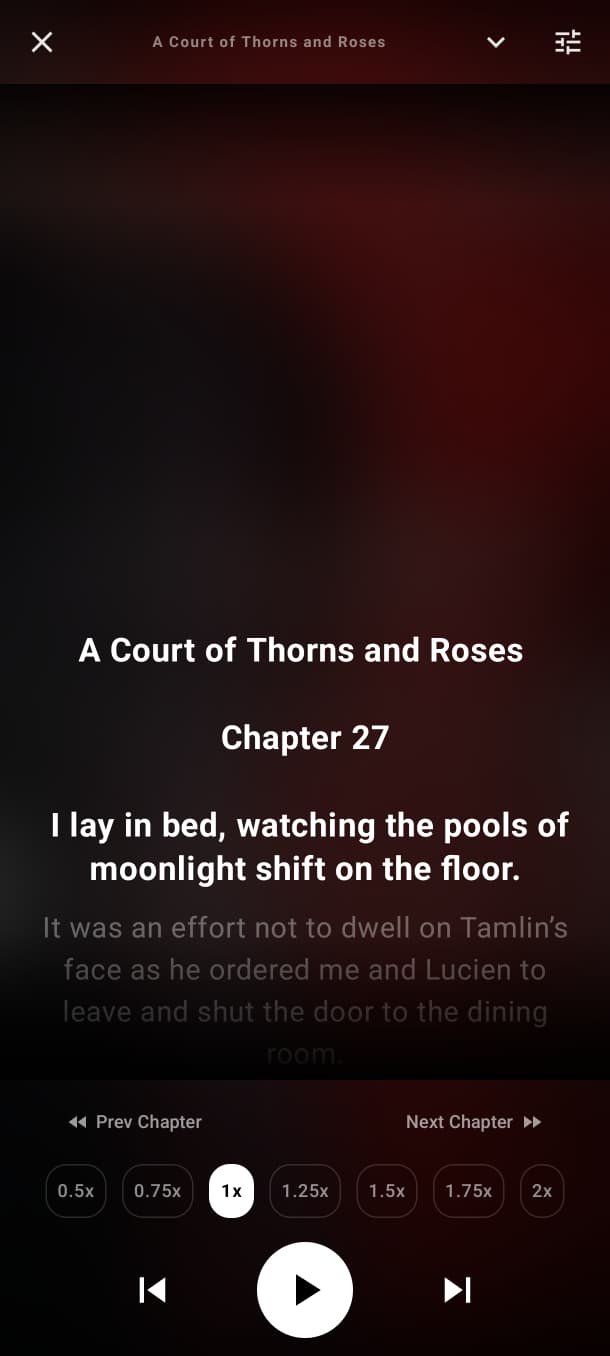 The text-to-speech player on Chapter 27, with playback speeds from 0.5x to 2x